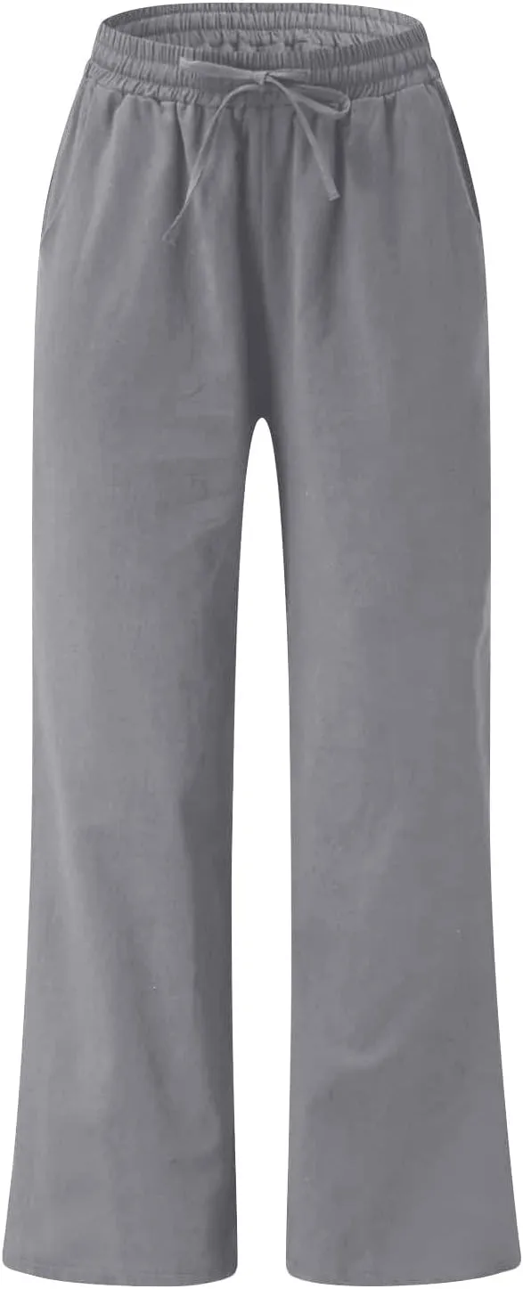 NATHGAM Womens Straight Pants Drawstring Elastic High Waist Pants Summer Casual Baggy Wide Leg Linen Trousers with Pockets