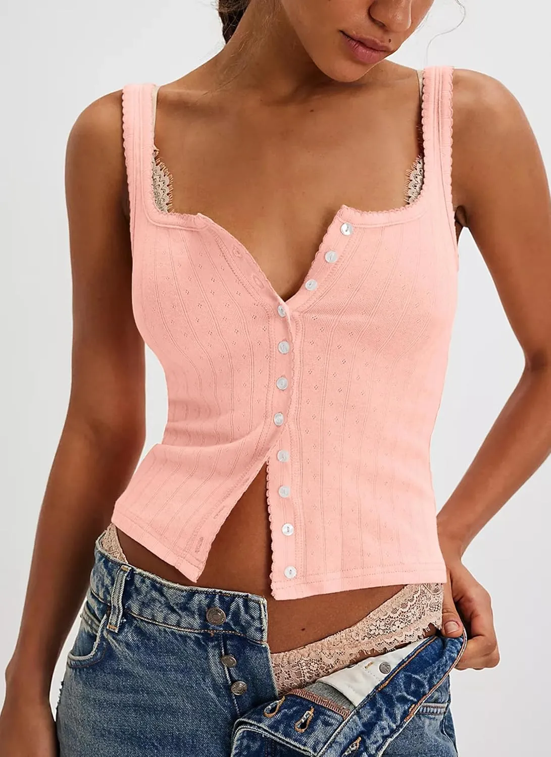 Neweek Women's Sleeveless Vest Button Front Tank Tops Ribbed Knit Square Neck Picot Trim Slim Fitted Y2K Shirts 2025