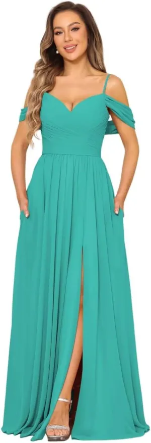 Off Shoulder Bridesmaid Dresses Long Slit 2025 Sweetheart Chiffon A Line Formal Party Dress with Pockets XOD010
