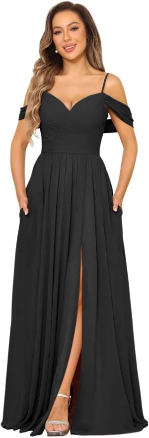 Off Shoulder Bridesmaid Dresses Long Slit 2025 Sweetheart Chiffon A Line Formal Party Dress with Pockets XOD010