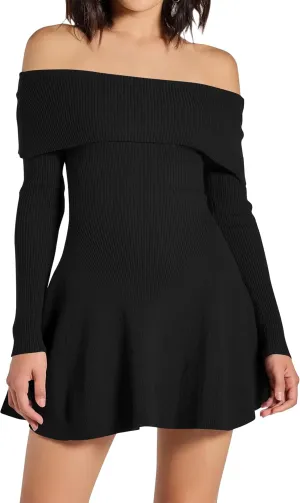 Off The Shoulder Ribbed Knit Sweater Dress for Women Folded Neck Long Sleeve Mini Dress 2024 Trendy Sexy Flowy Dresses