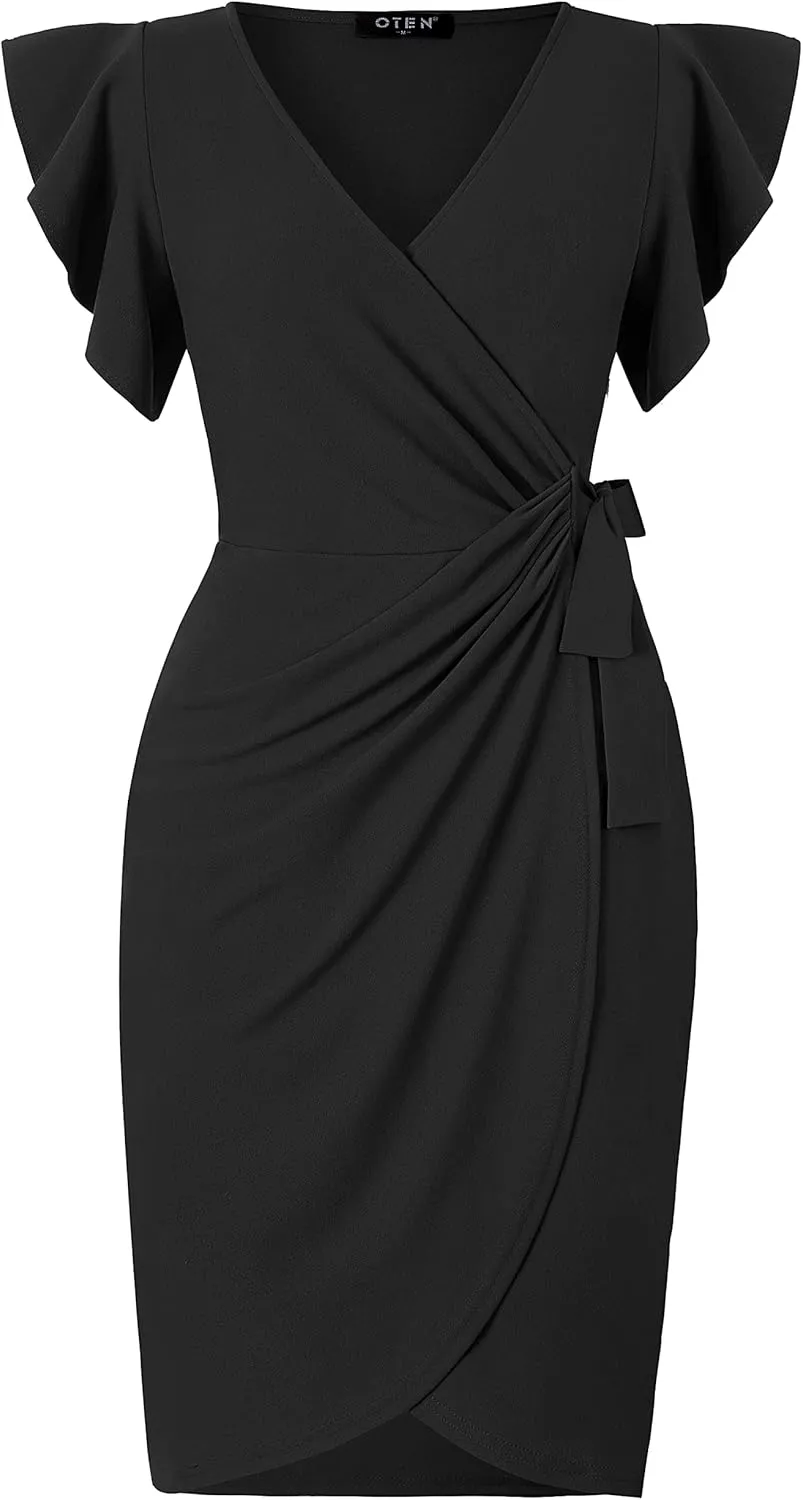 oten Womens Deep V Neck Ruffle Sleeve Sheath Casual Cocktail Party Work Faux Wrap Dress