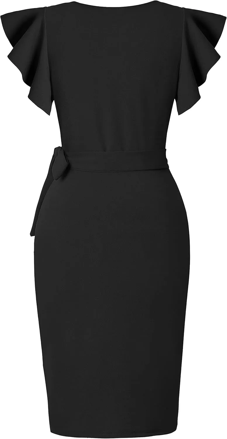 oten Womens Deep V Neck Ruffle Sleeve Sheath Casual Cocktail Party Work Faux Wrap Dress