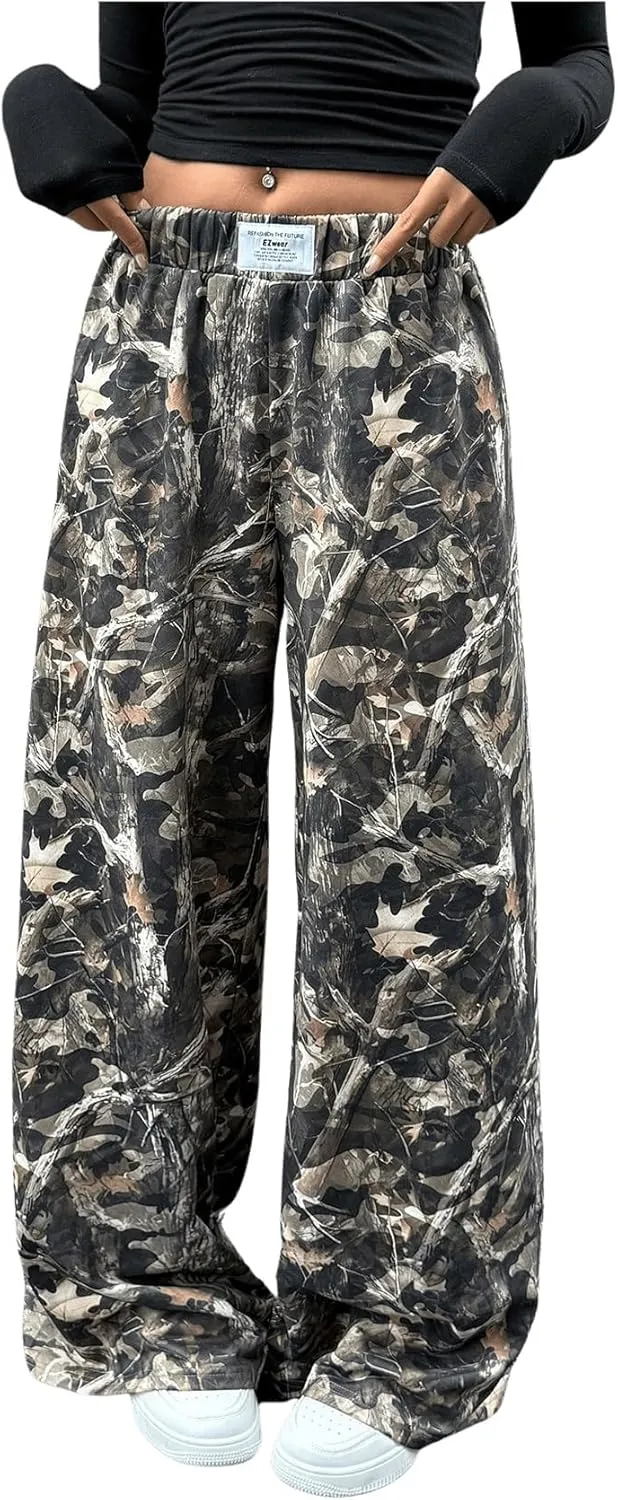 OYOANGLE Women's Camo Print Elastic High Waist Pants Wide Leg Baggy Trousers Streetwear