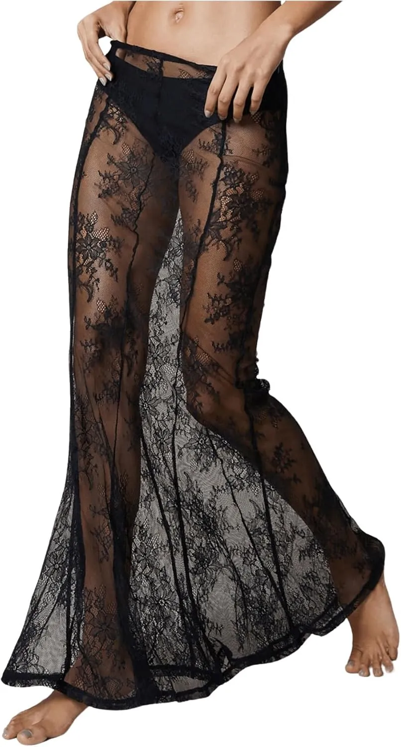 OYOANGLE Women's Floral Lace Sheer Maxi Skirt High Waisted See Through Fishtail Skirts