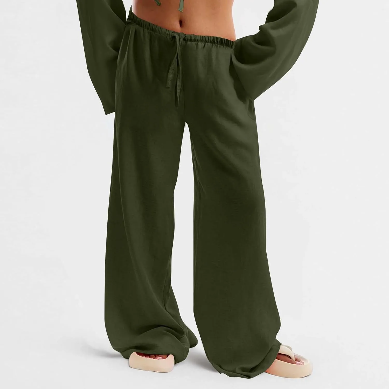 Palazzo Pants for Women Baggy Wide Leg Low Rise Linen Pants Loose Drawstring Long Lounge Trousers with Pockets