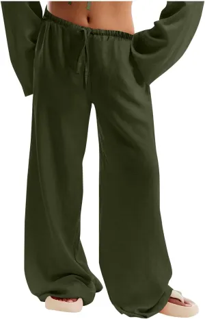 Palazzo Pants for Women Baggy Wide Leg Low Rise Linen Pants Loose Drawstring Long Lounge Trousers with Pockets