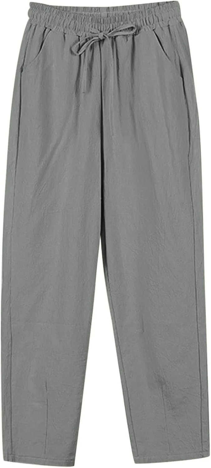 Pants for Women Cotton Linen Casual Summer 2025 Straight Wide Leg Loose Drawstring Elastic Waist Linen Trouser
