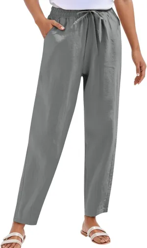 Pants for Women Cotton Linen Casual Summer 2025 Straight Wide Leg Loose Drawstring Elastic Waist Linen Trouser