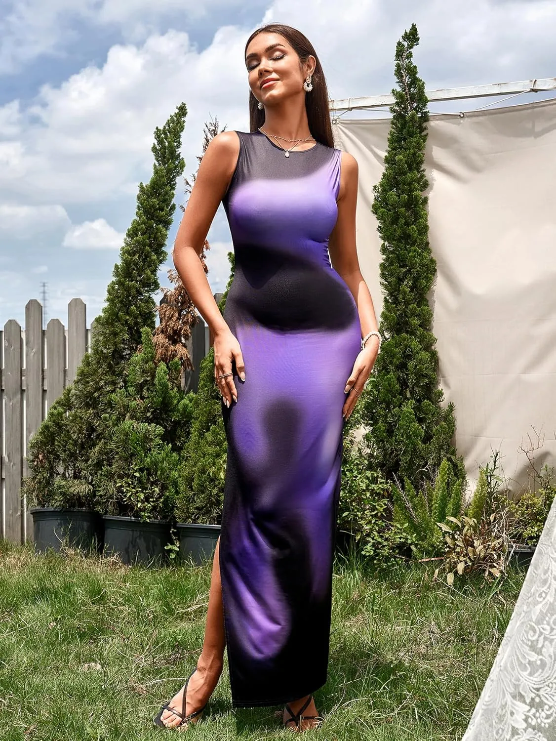Parthea Womens 2024 Summer Sexy Bodycon Sleeveless Tank Tie Dye Dress Crewneck Elegant Midi Club Beach Sundresses