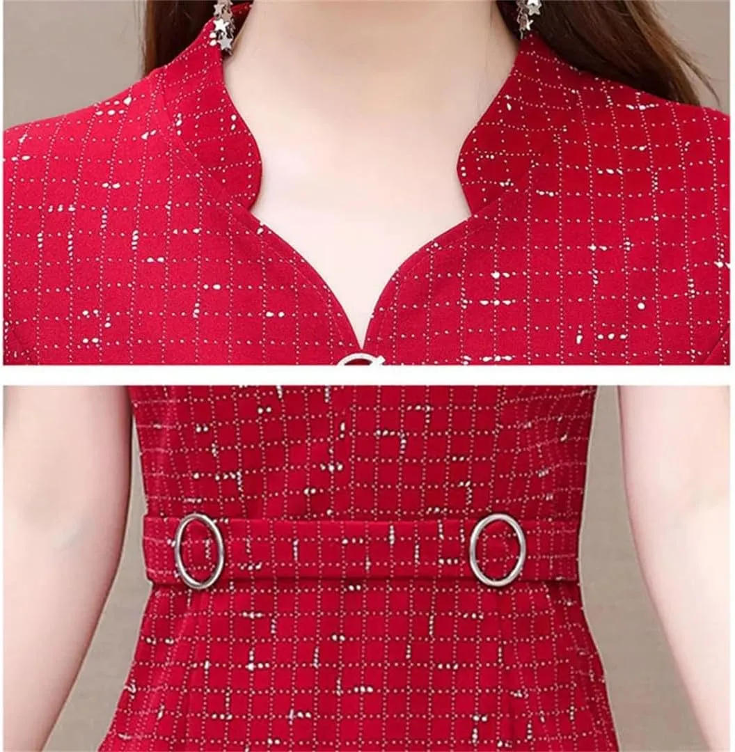 Plaid Casual Red Mini Dress Women Summer Short Sleeve Pockets Elegant Slim Party Dresses Korean Fashion Vestido