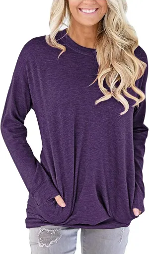 PLOKNRD Women Casual Round Neck Long Sleeve Fit Tunic Top Baggy Comfy Blouse with Pockets