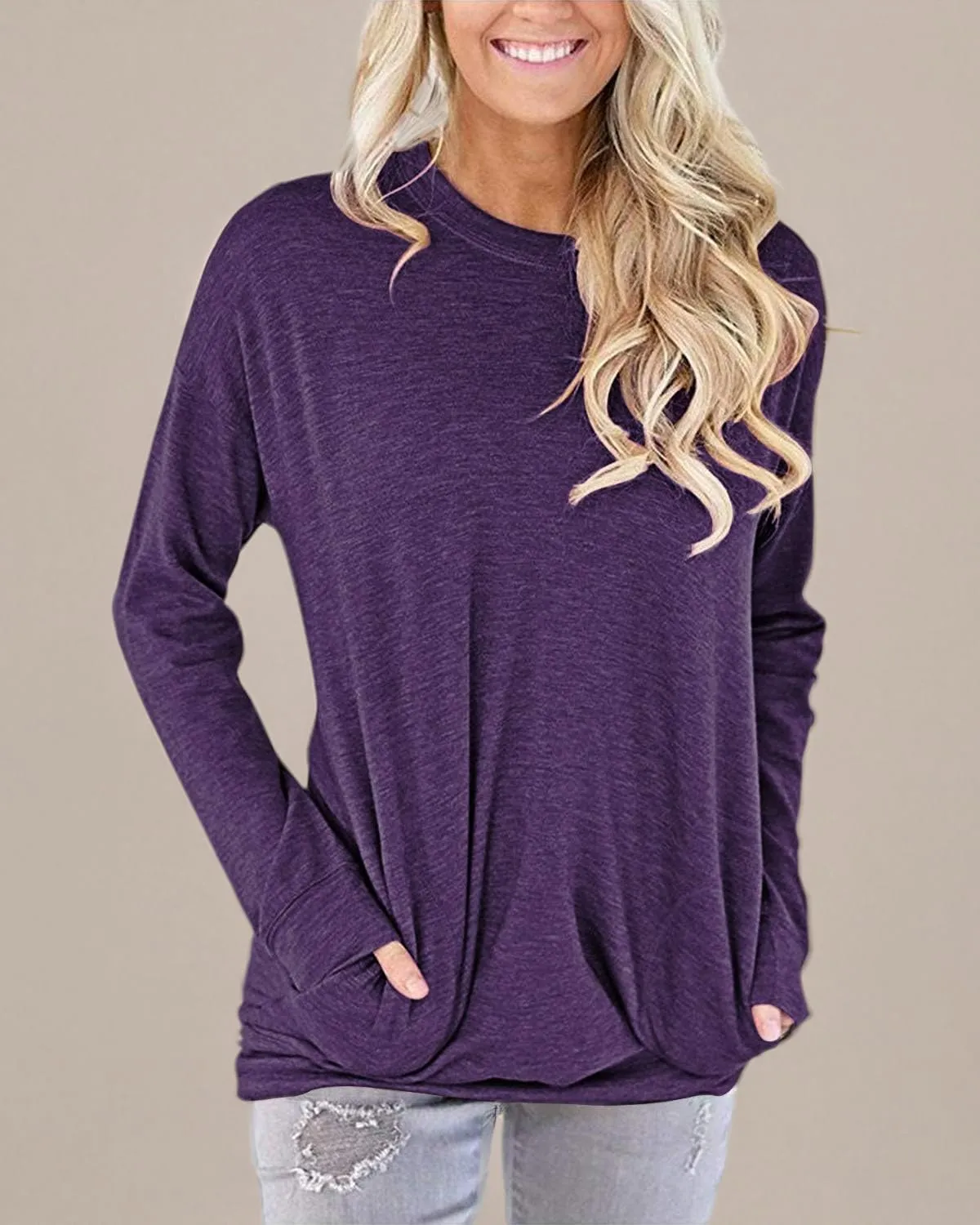 PLOKNRD Women Casual Round Neck Long Sleeve Fit Tunic Top Baggy Comfy Blouse with Pockets