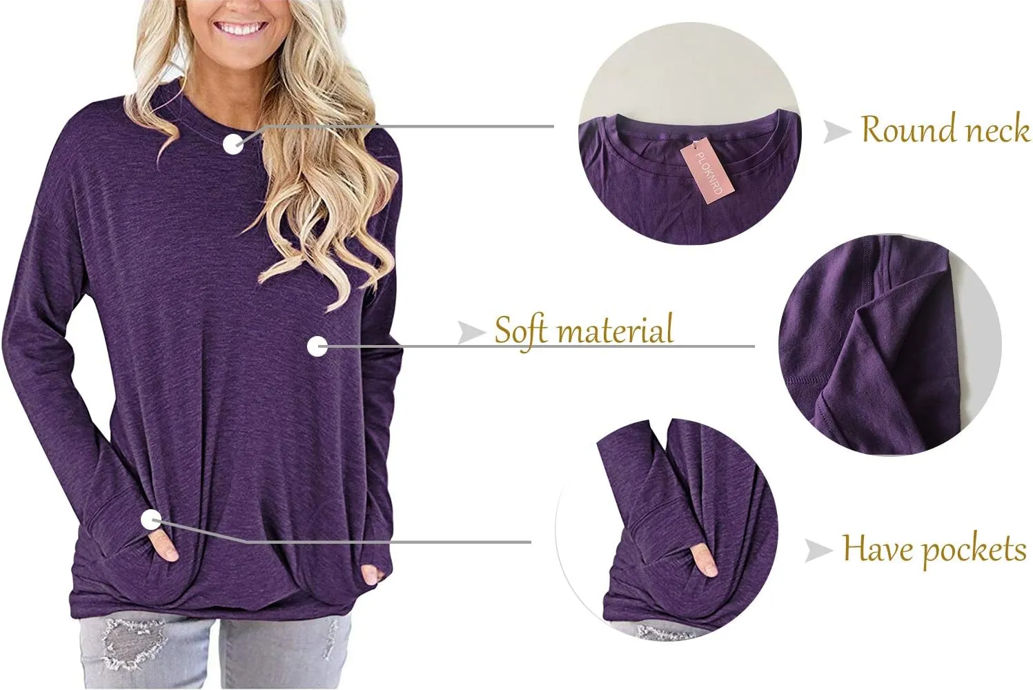 PLOKNRD Women Casual Round Neck Long Sleeve Fit Tunic Top Baggy Comfy Blouse with Pockets