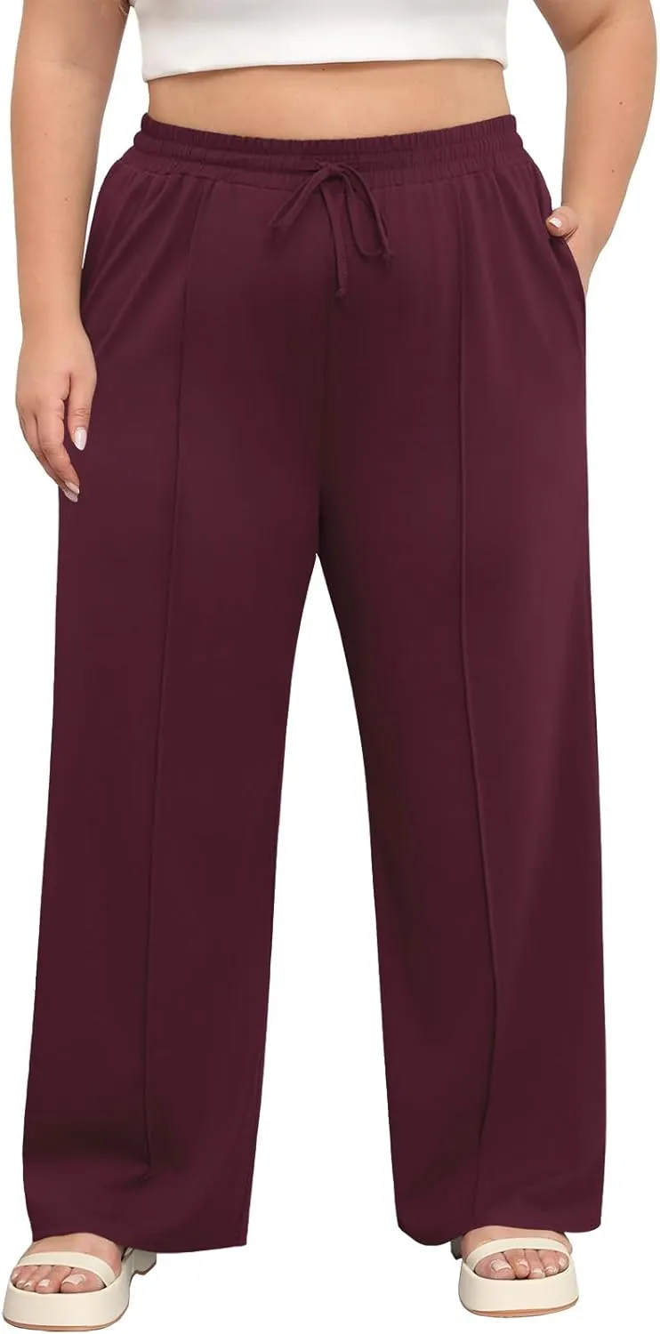 POSESHE Womens Plus Size Pants Casual Elastic Waist 2024 Summer Wide Leg Loose Fit Drawstring Trousers Sweatpant with Pockets