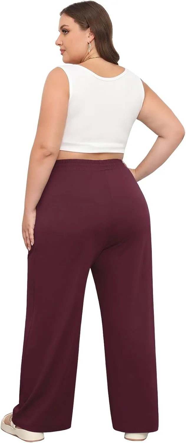 POSESHE Womens Plus Size Pants Casual Elastic Waist 2024 Summer Wide Leg Loose Fit Drawstring Trousers Sweatpant with Pockets