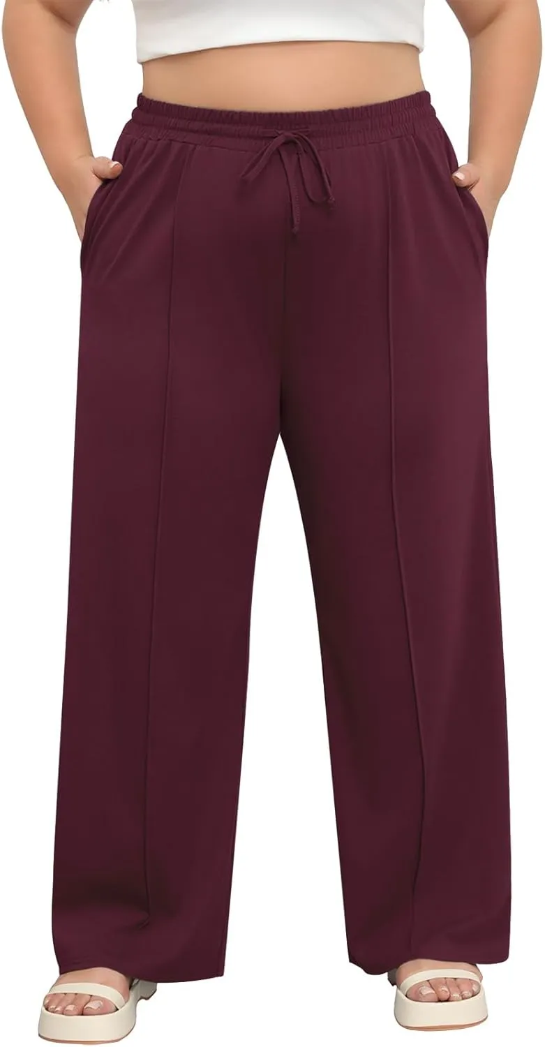 POSESHE Womens Plus Size Pants Casual Elastic Waist 2024 Summer Wide Leg Loose Fit Drawstring Trousers Sweatpant with Pockets