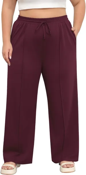POSESHE Womens Plus Size Pants Casual Elastic Waist 2024 Summer Wide Leg Loose Fit Drawstring Trousers Sweatpant with Pockets