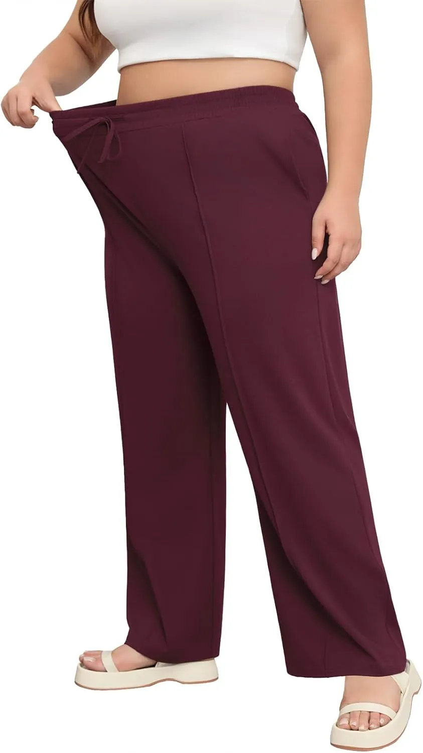 POSESHE Womens Plus Size Pants Casual Elastic Waist 2024 Summer Wide Leg Loose Fit Drawstring Trousers Sweatpant with Pockets