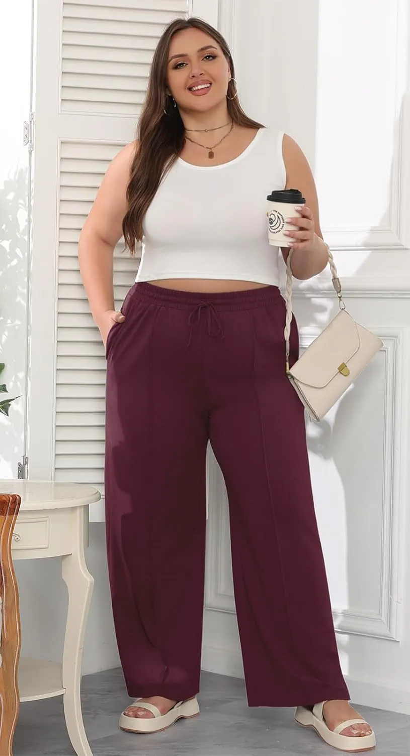 POSESHE Womens Plus Size Pants Casual Elastic Waist 2024 Summer Wide Leg Loose Fit Drawstring Trousers Sweatpant with Pockets