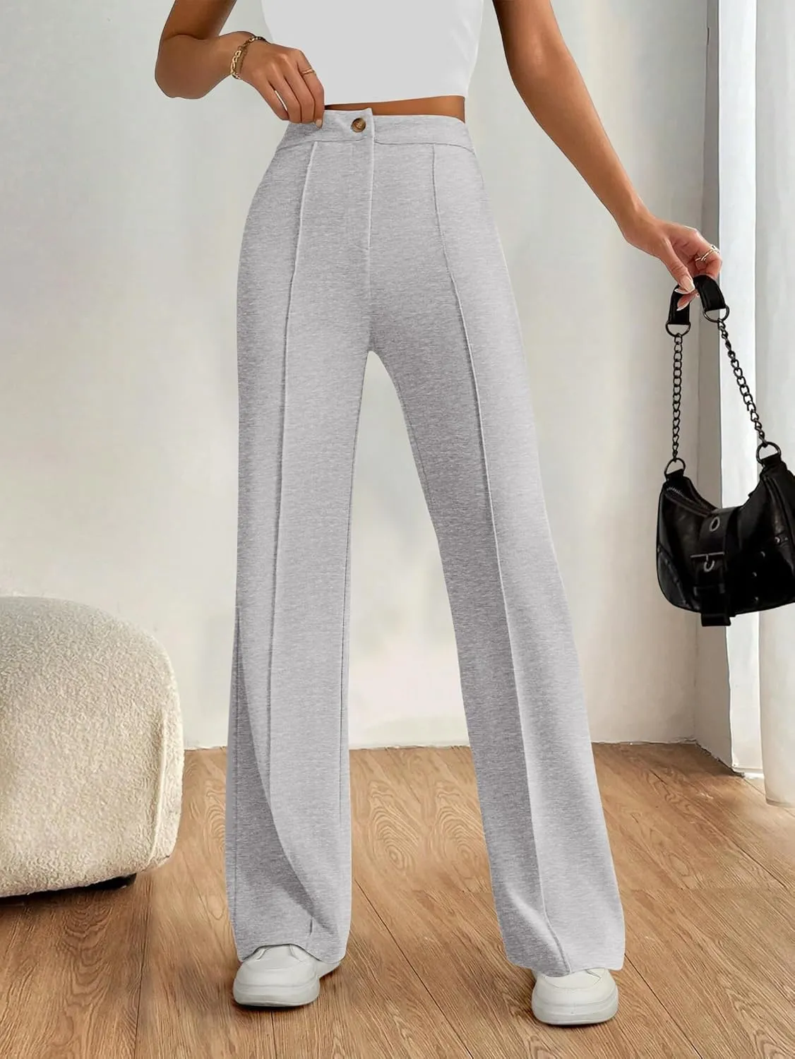 PRETTYGARDEN Straight Leg Pants Stretchy Button Business Casual Work Trousers Knit Elastic Waist Slacks