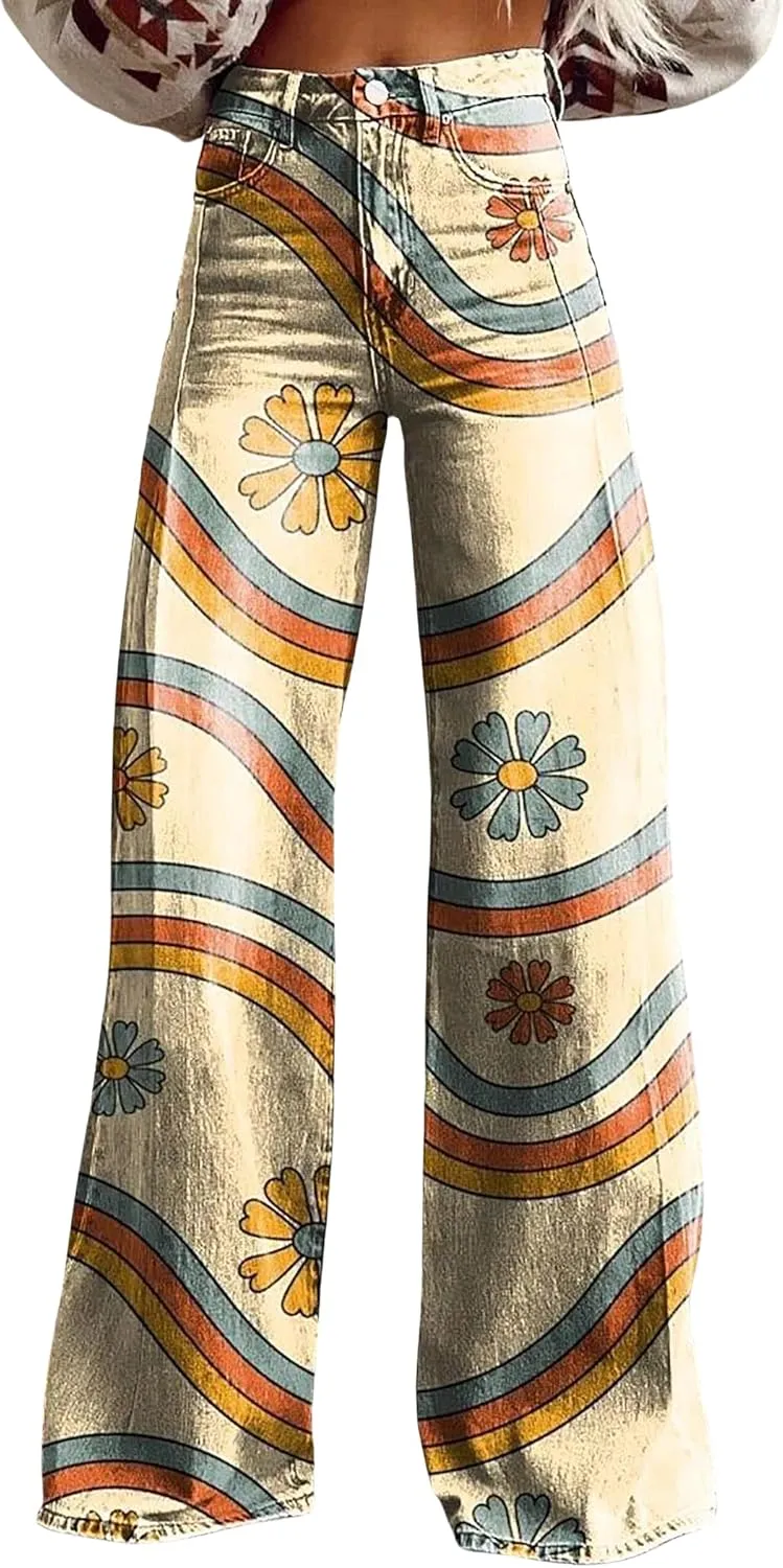 Printed Jeans for Women, Wide Leg Jeans Woman Vintage, Vintage Floral Graphic, 2025 Summer Wide Leg Dark Wash 90s Jean