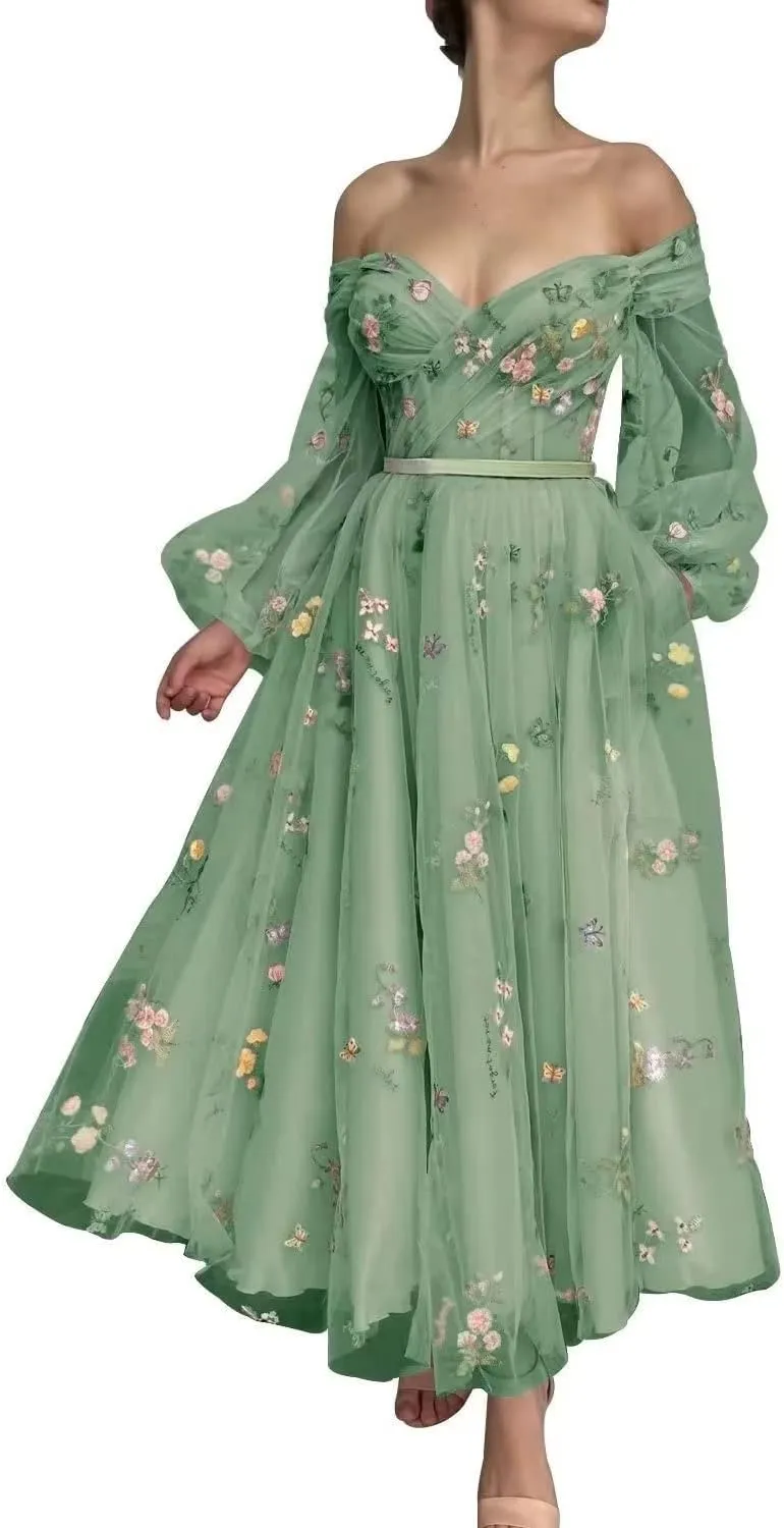 Puffy Sleeve Prom Dresses Flower Embroidery Tulle Backless A-line Lace Formal Evening Party Gown for Women