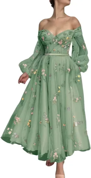Puffy Sleeve Prom Dresses Flower Embroidery Tulle Backless A-line Lace Formal Evening Party Gown for Women