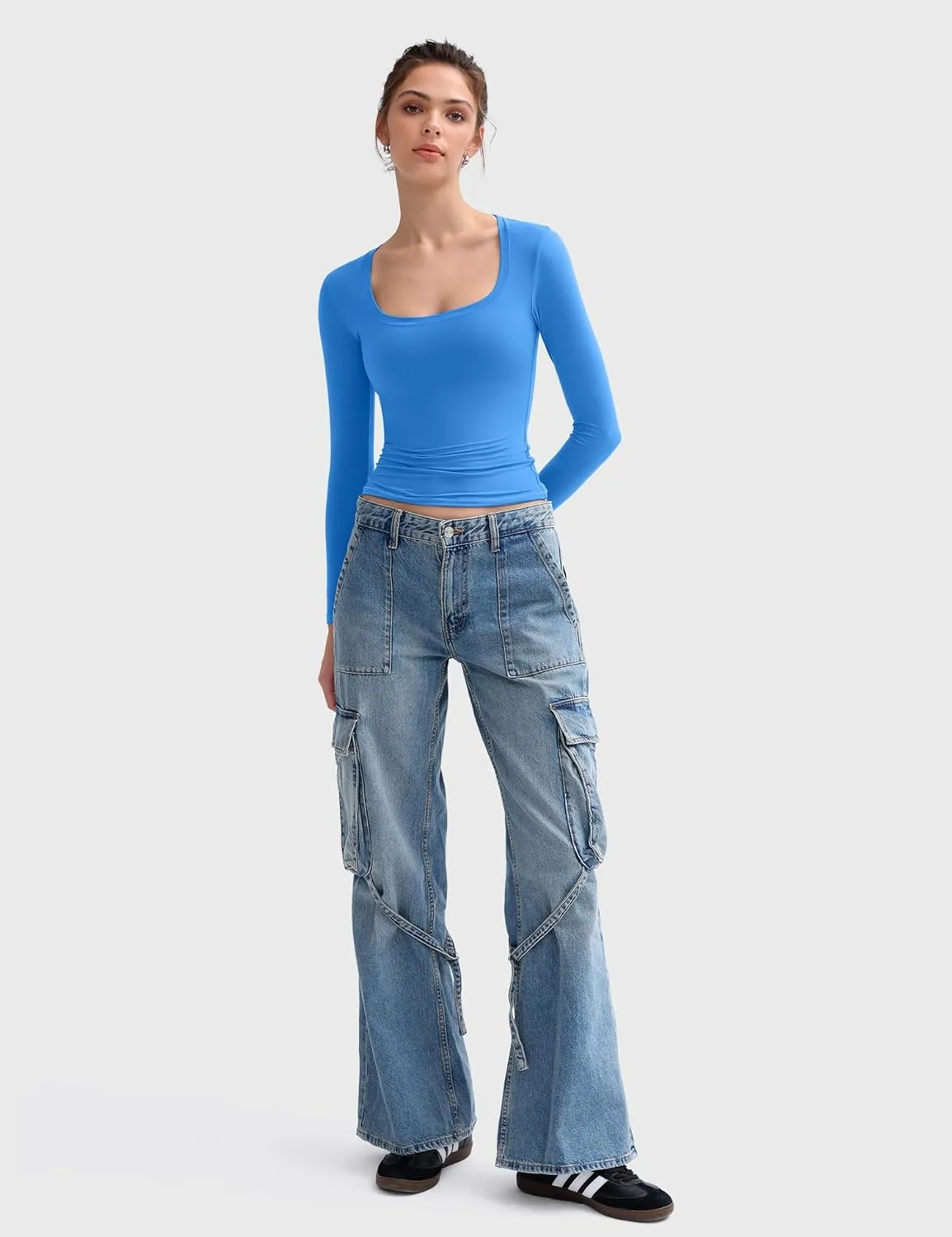 PUMIEY Women's Long Sleeve T Shirts Scoop Neck Slim Fit Going Out Tops Double Lined Basic Tee Smoke Cloud Collection
