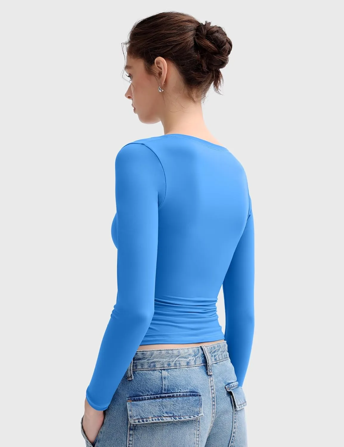PUMIEY Women's Long Sleeve T Shirts Scoop Neck Slim Fit Going Out Tops Double Lined Basic Tee Smoke Cloud Collection