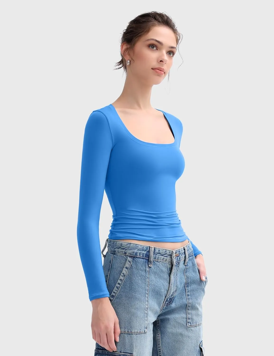 PUMIEY Women's Long Sleeve T Shirts Scoop Neck Slim Fit Going Out Tops Double Lined Basic Tee Smoke Cloud Collection