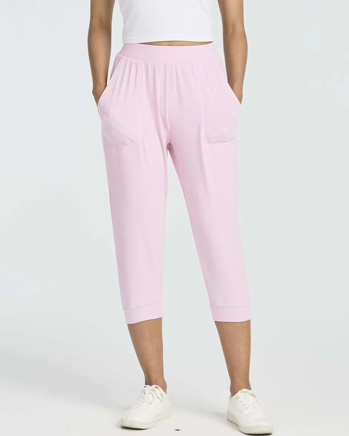 Real Essentials 3 Pack: Women's Ribbed Capri Jogger Lounge Sweatpants with Pockets Yoga Workout (Available in Plus Size)