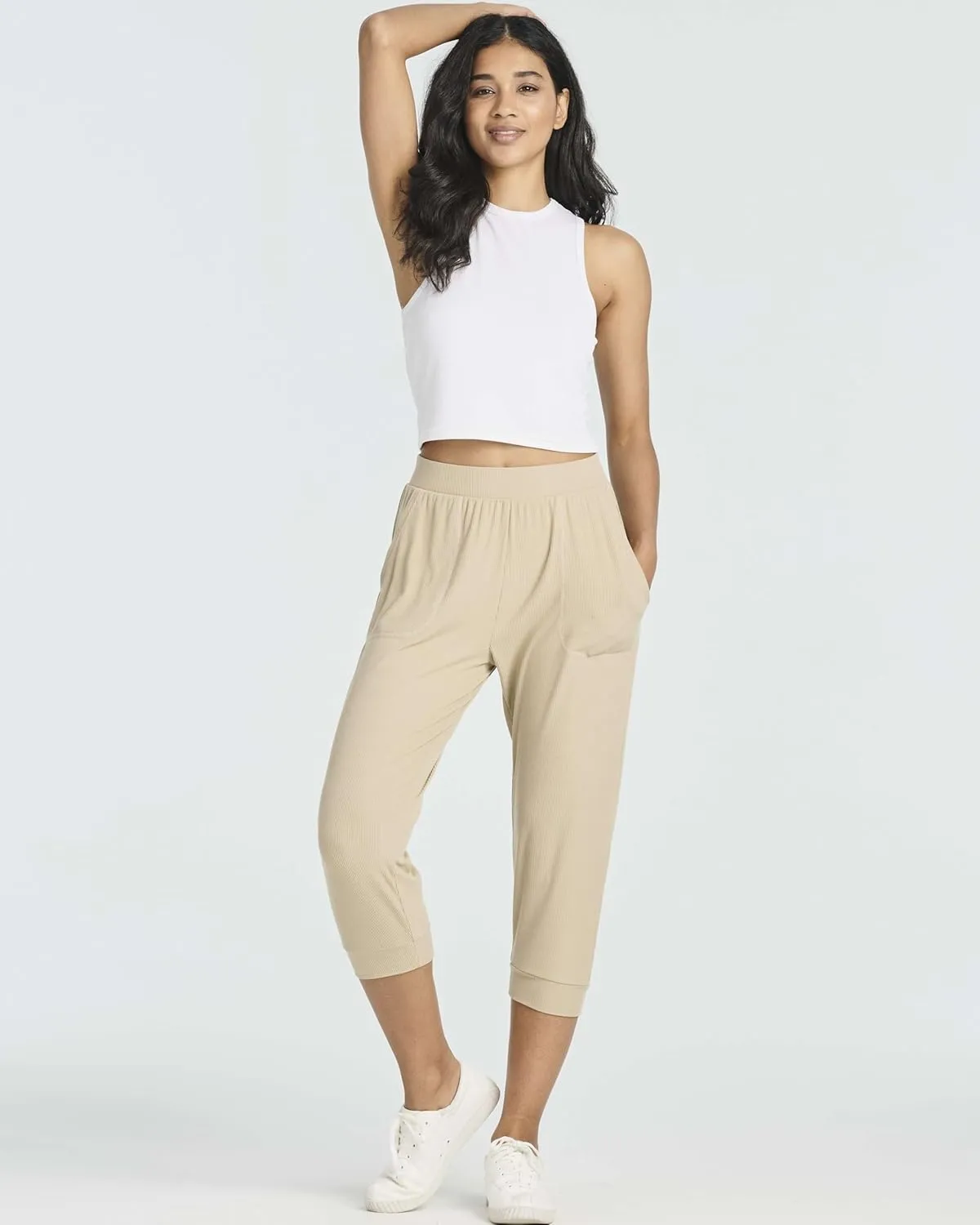 Real Essentials 3 Pack: Women's Ribbed Capri Jogger Lounge Sweatpants with Pockets Yoga Workout (Available in Plus Size)