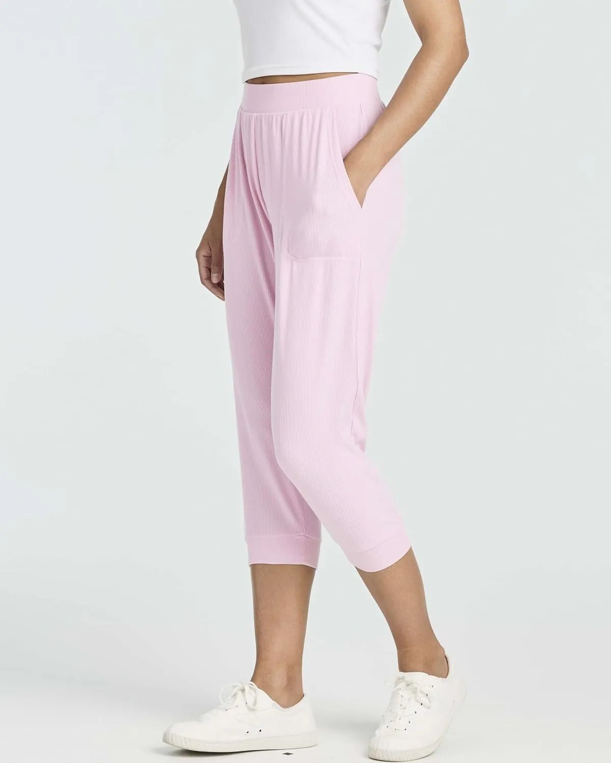 Real Essentials 3 Pack: Women's Ribbed Capri Jogger Lounge Sweatpants with Pockets Yoga Workout (Available in Plus Size)