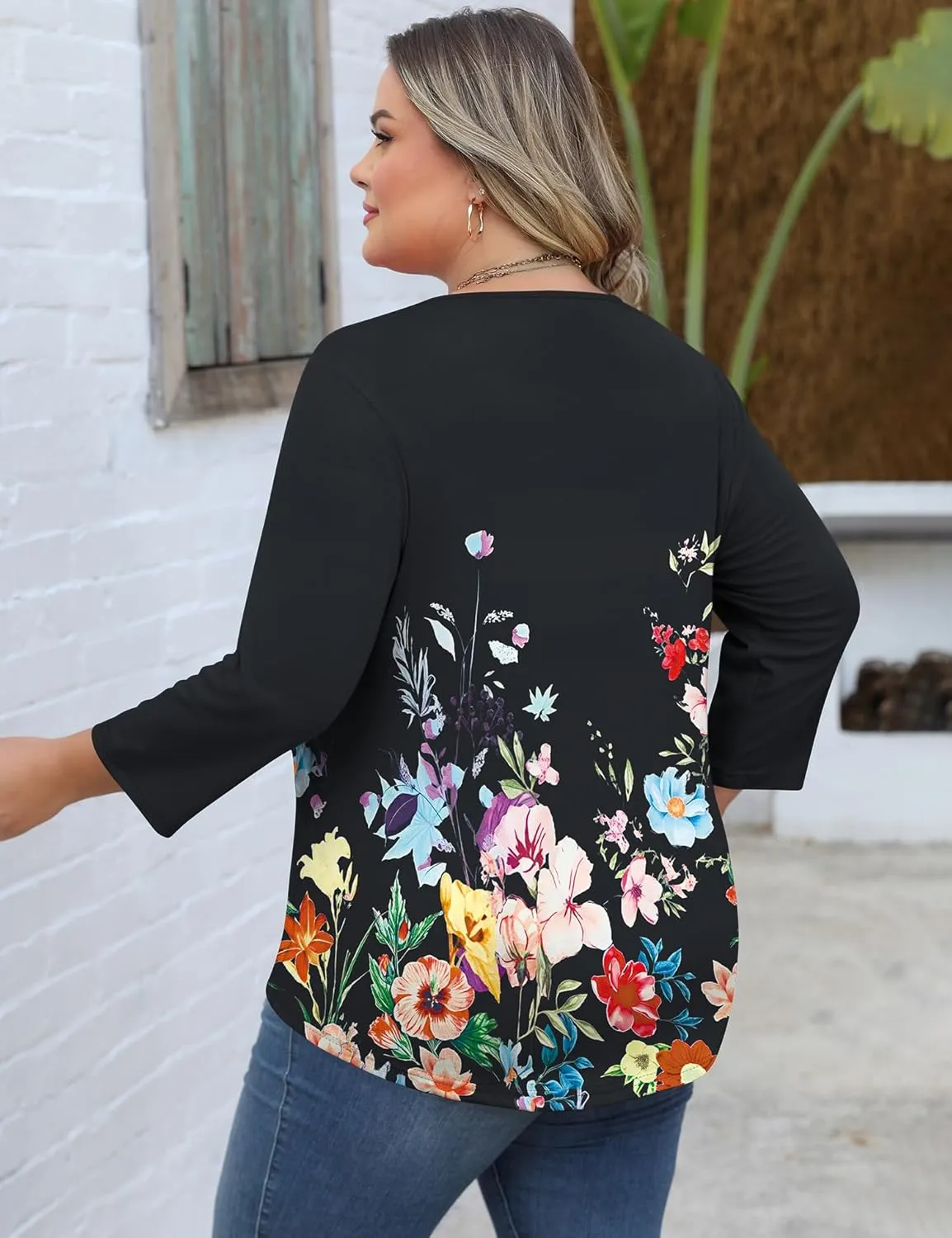 Romanstii Womens Plus Size Tops Casual 3/4 Sleeve V Neck T Shirt Loose Fit Tunic Blouse 1X-5X