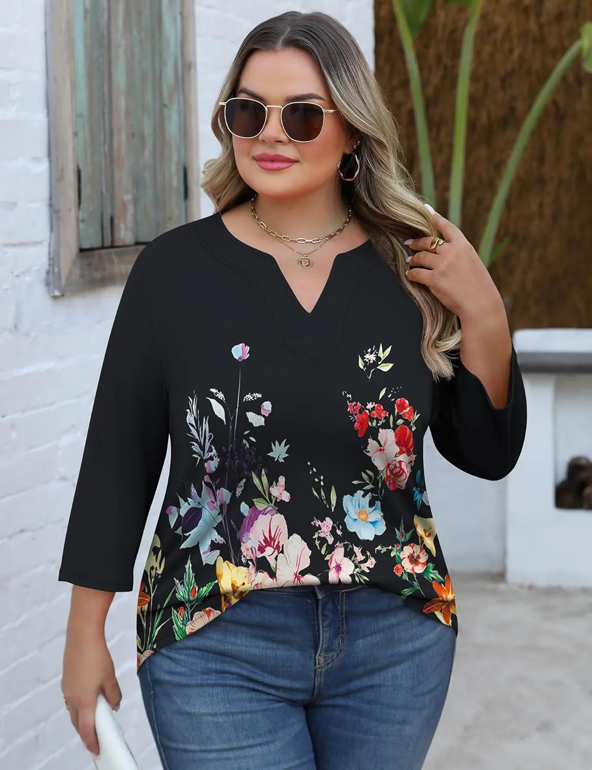 Romanstii Womens Plus Size Tops Casual 3/4 Sleeve V Neck T Shirt Loose Fit Tunic Blouse 1X-5X