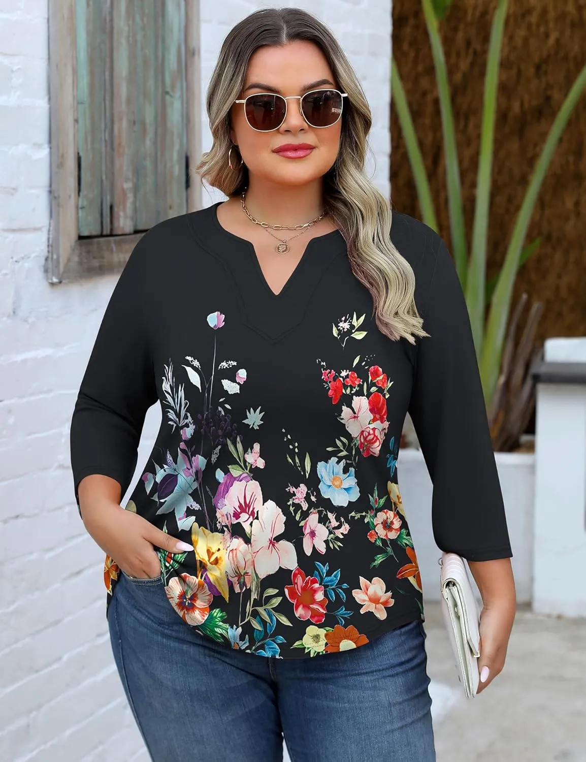 Romanstii Womens Plus Size Tops Casual 3/4 Sleeve V Neck T Shirt Loose Fit Tunic Blouse 1X-5X