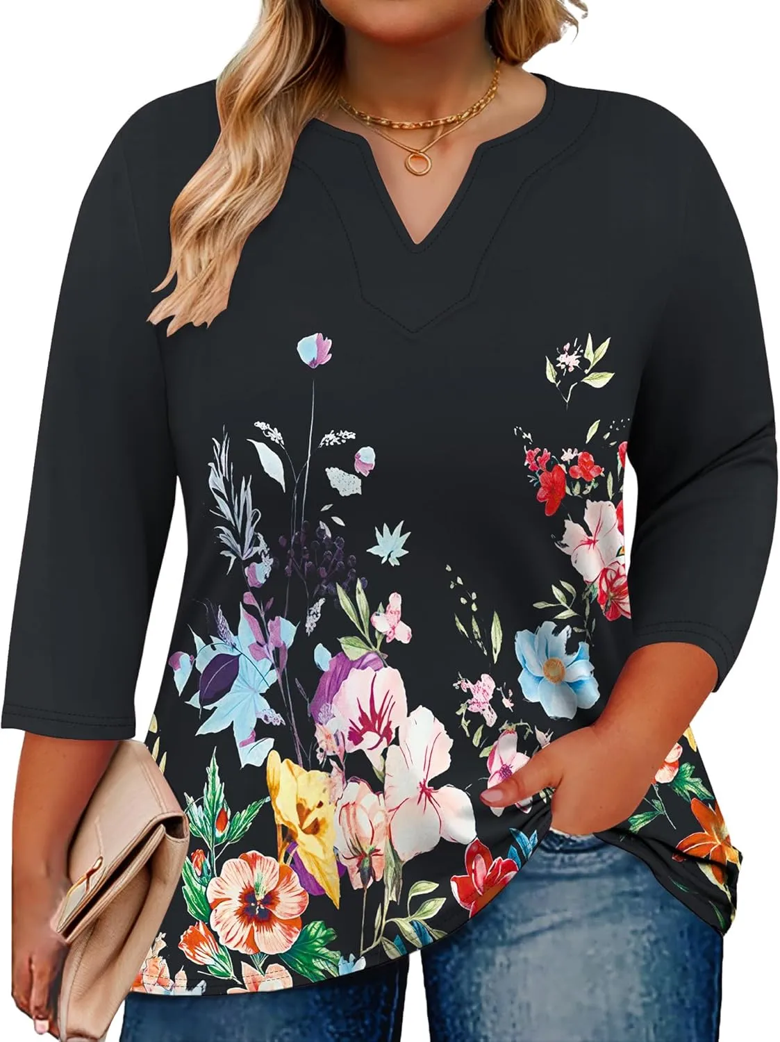 Romanstii Womens Plus Size Tops Casual 3/4 Sleeve V Neck T Shirt Loose Fit Tunic Blouse 1X-5X