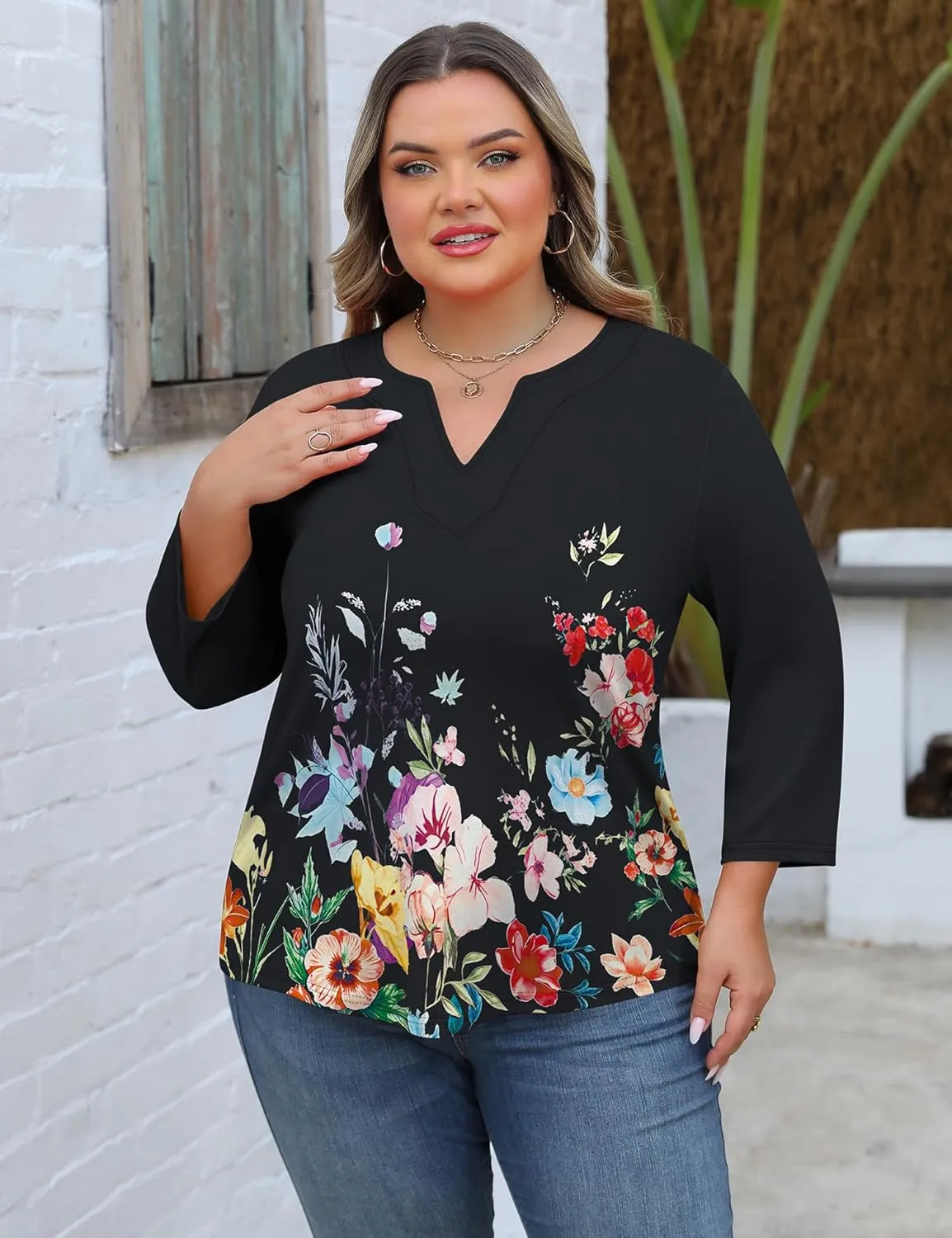 Romanstii Womens Plus Size Tops Casual 3/4 Sleeve V Neck T Shirt Loose Fit Tunic Blouse 1X-5X