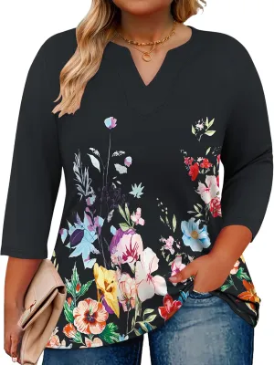 Romanstii Womens Plus Size Tops Casual 3/4 Sleeve V Neck T Shirt Loose Fit Tunic Blouse 1X-5X
