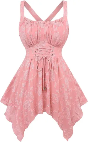 ROSE GAL Rosegal Plus Size Women Flower Jacquard Lace-up Ruched Sleeveless Blouse Flowy Handkerchief Hem Tank Top