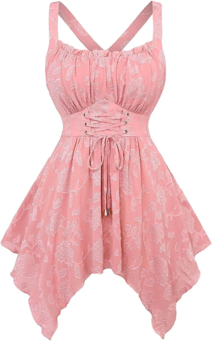 ROSE GAL Rosegal Plus Size Women Flower Jacquard Lace-up Ruched Sleeveless Blouse Flowy Handkerchief Hem Tank Top