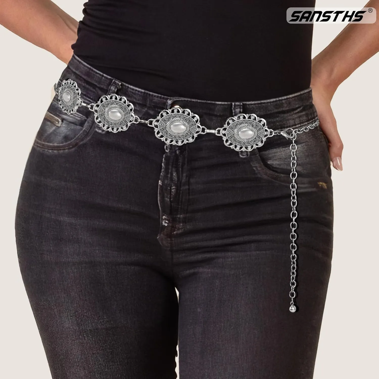 SANSTHS Women Western Metal Chain Belt Cowgirl Waist Chain Belt for Dresses Jeans Concho Gold Chain Hip Belt