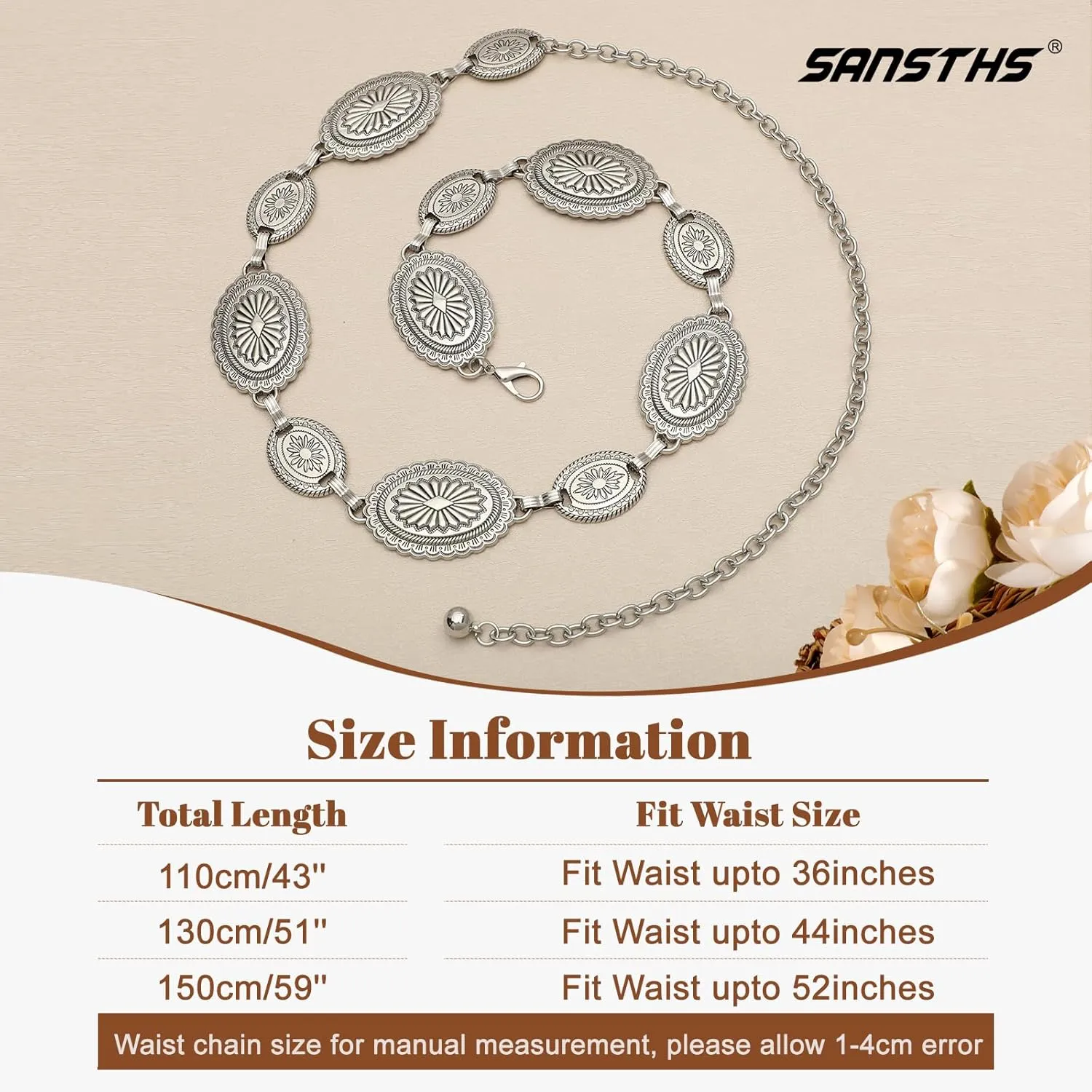 SANSTHS Women Western Metal Chain Belt Cowgirl Waist Chain Belt for Dresses Jeans Concho Gold Chain Hip Belt