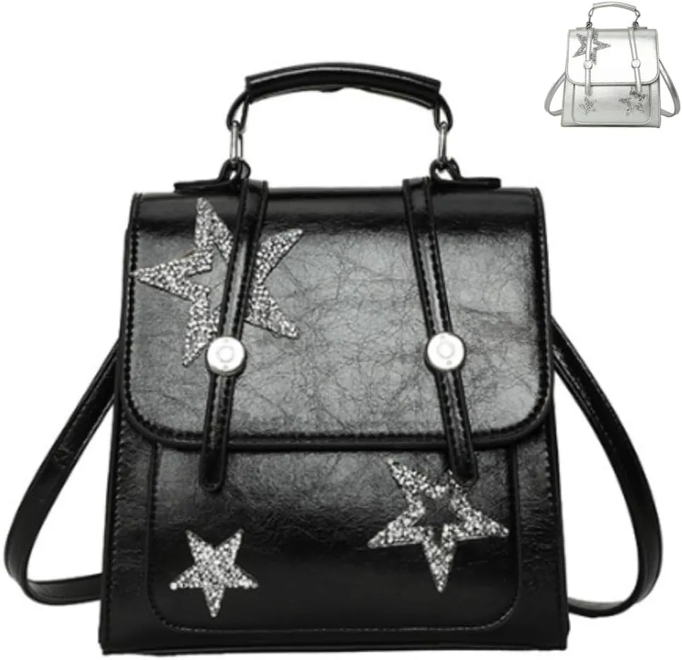 Satchel Bag Y2k Backpack Vintage Kawaii Sparkling Silver Star Pattern Cute Aesthetic Spicy Harajuku Handbag (Black)