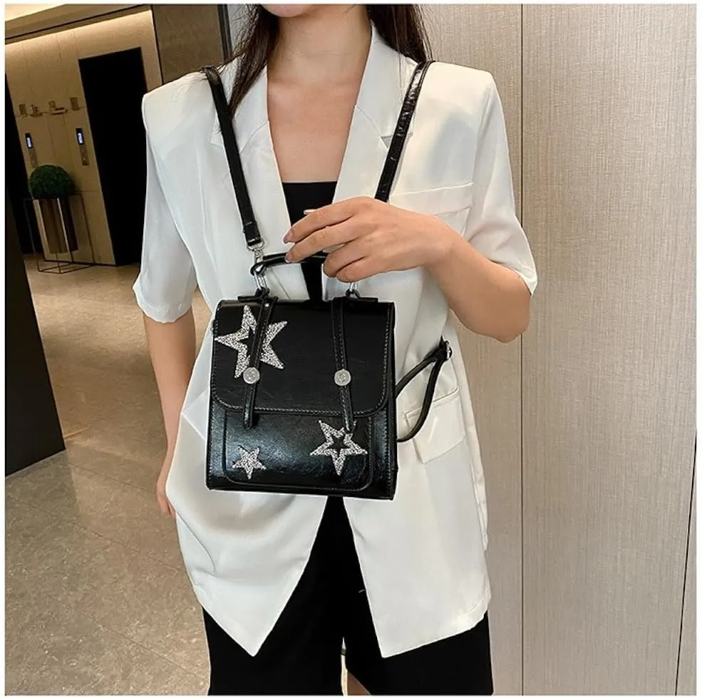 Satchel Bag Y2k Backpack Vintage Kawaii Sparkling Silver Star Pattern Cute Aesthetic Spicy Harajuku Handbag (Black)