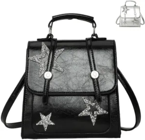 Satchel Bag Y2k Backpack Vintage Kawaii Sparkling Silver Star Pattern Cute Aesthetic Spicy Harajuku Handbag (Black)