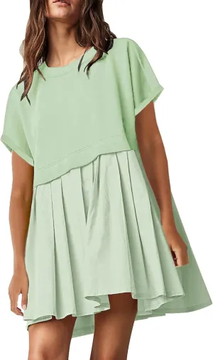 SAUKOLE Womens Cute Pleated Dress Patchwork Casual Short Sleeve Tops Loose Oversized Summer Mini Dress, Large, Lgreen