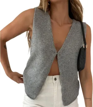 Sawden Women Sleeveless Cotton Knitted Vest Button Down Casual Y2k Streetwear