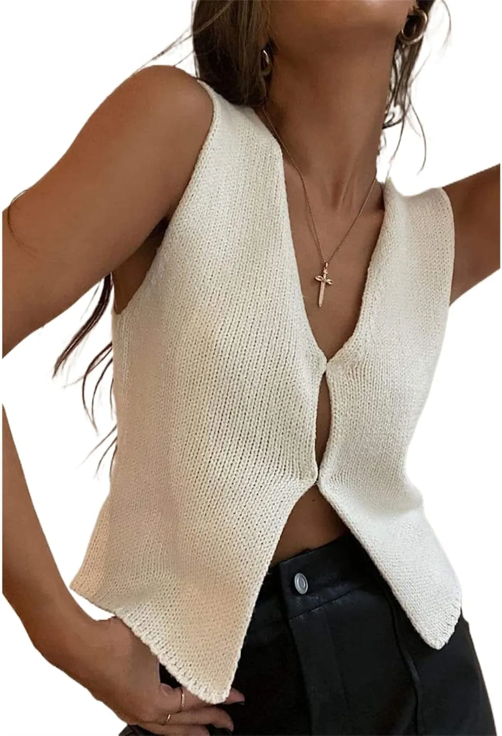 Sawden Women Sleeveless Cotton Knitted Vest Button Down Casual Y2k Streetwear